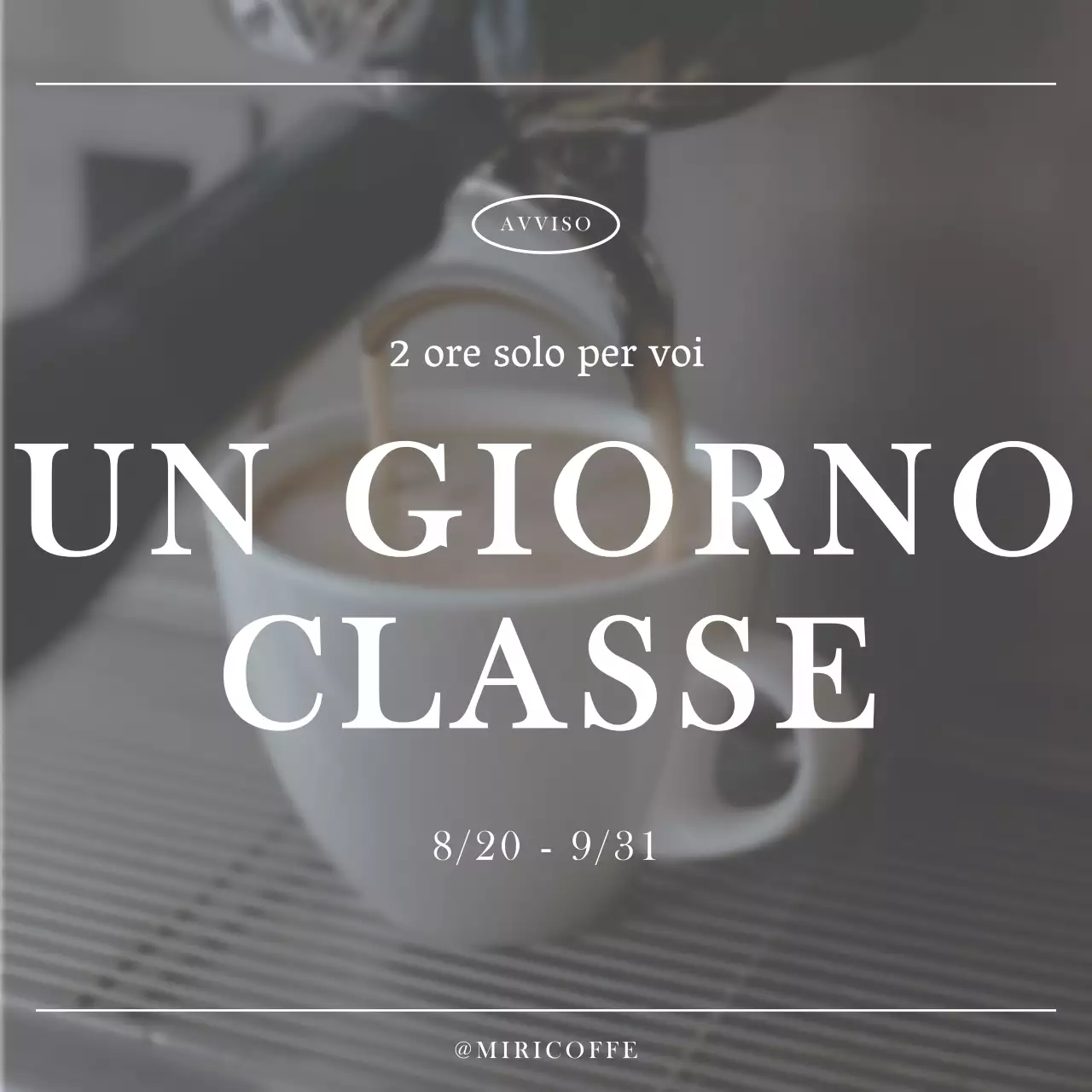 Annuncio di un caffè di classe di un giorno di tendenza in grigio e bianco