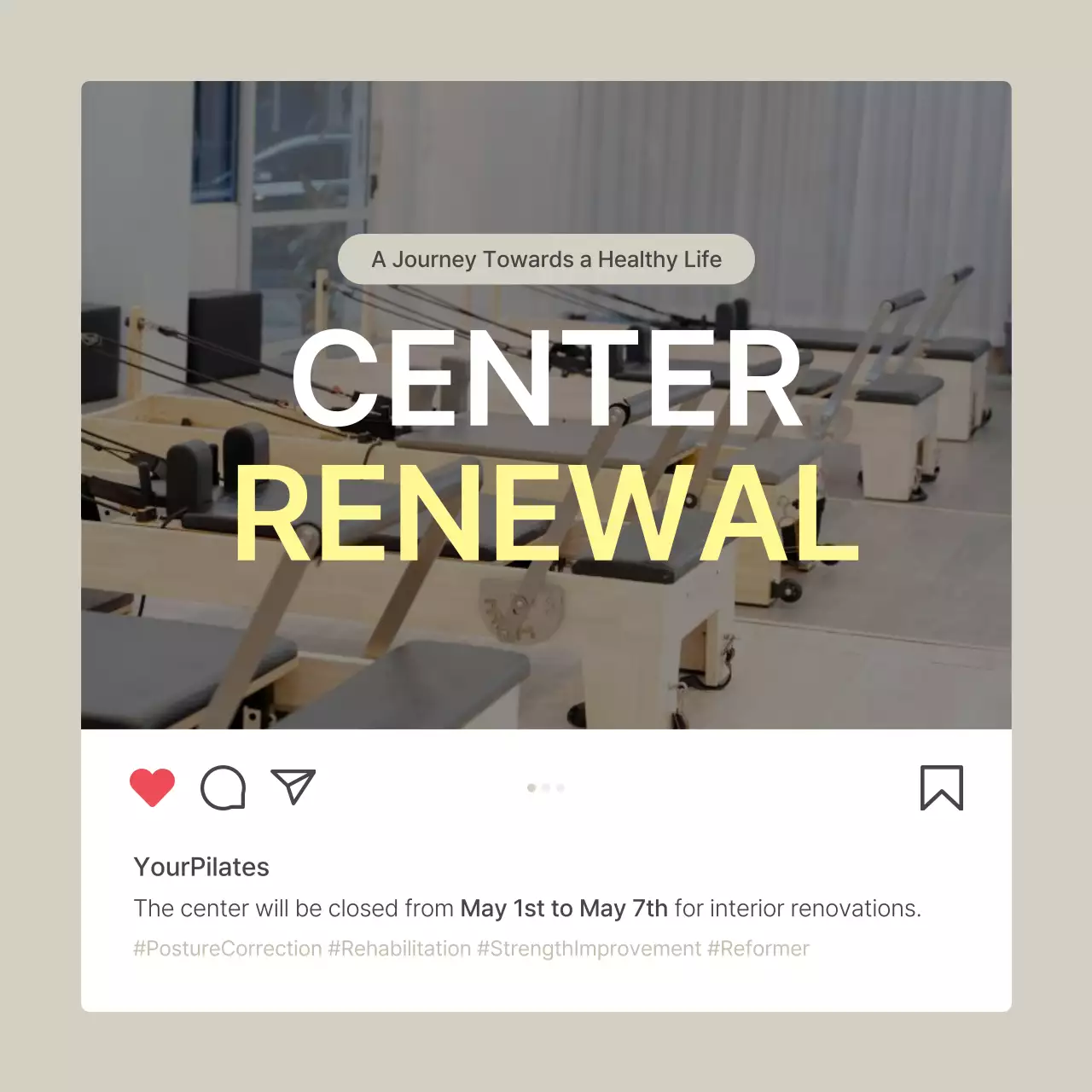 Modern Pilates in Beige and Yellow Social Media Marketing Feed Announcement