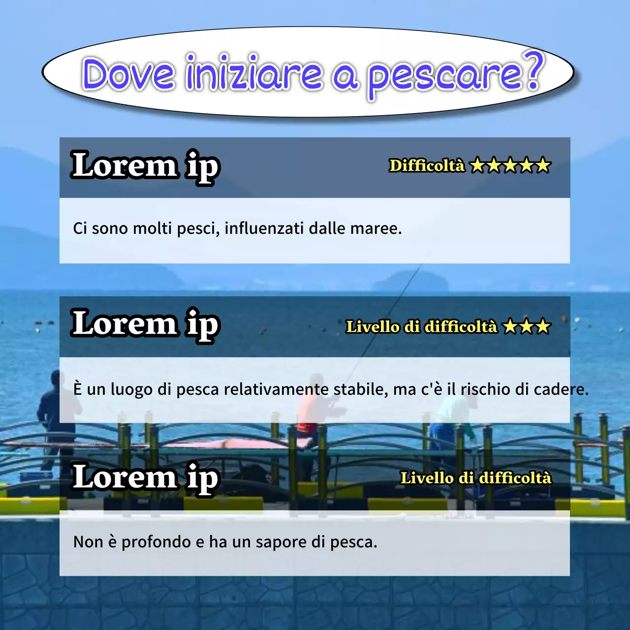 Promuovere l'esperienza di pesca in mare con il mal di mare blu e giallo