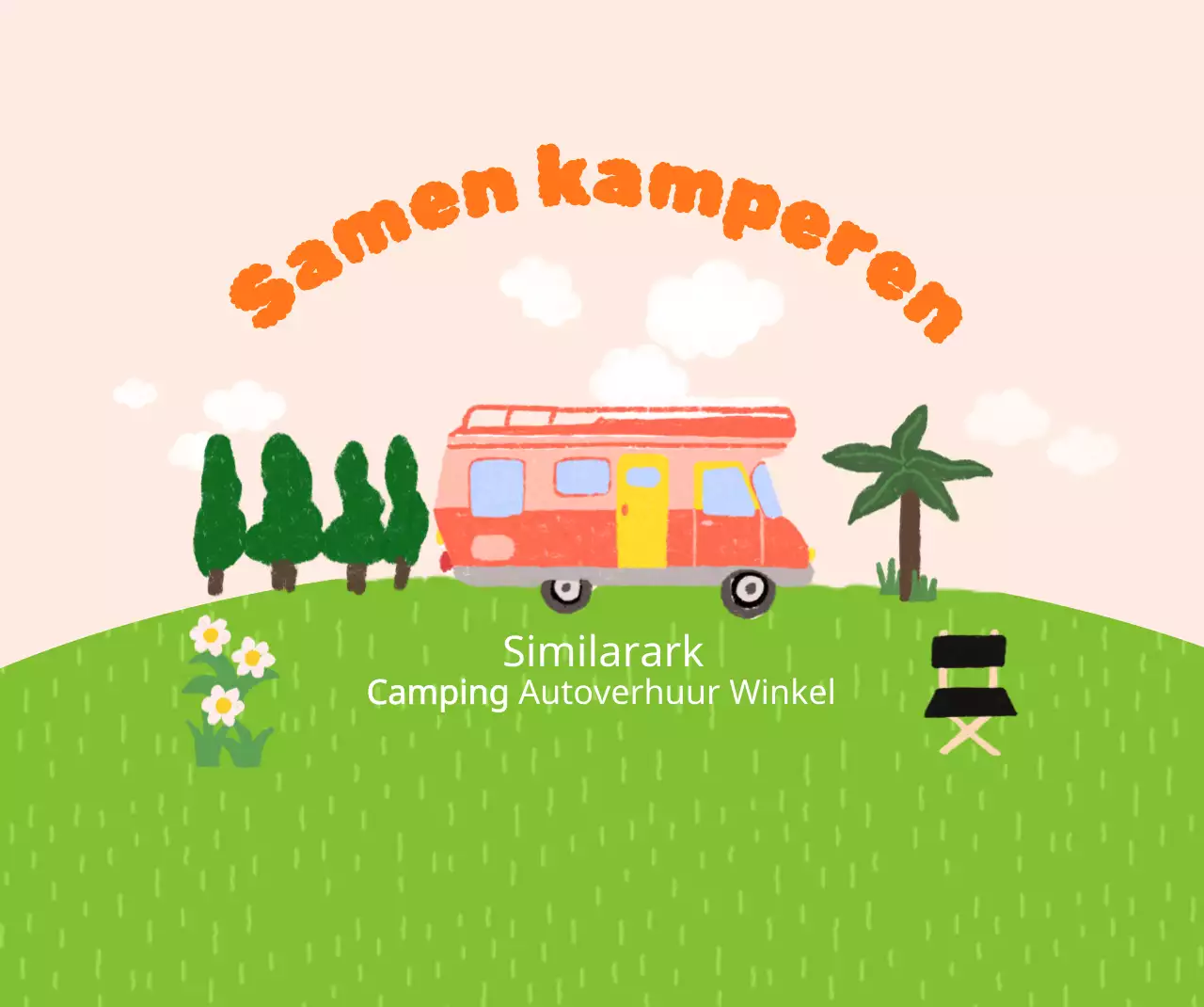 Heldere en vrolijke camping met handgetekende illustraties