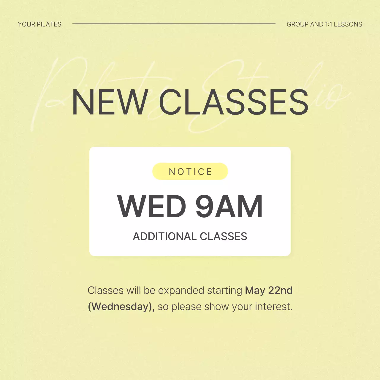 Yellow Minimal Pilates Notice Social Media Post