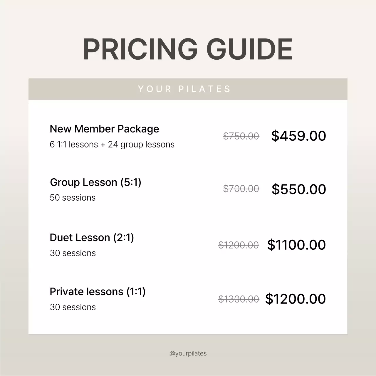 Promote discounted prices for modern Pilates in beige and ivory