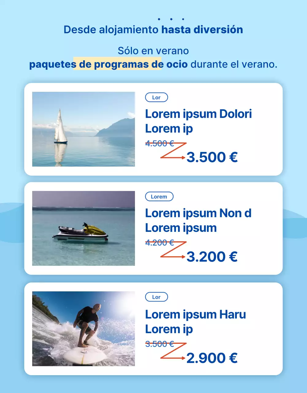 Promocione las vacaciones de verano de su hotel en modernos tonos azules y celestes.