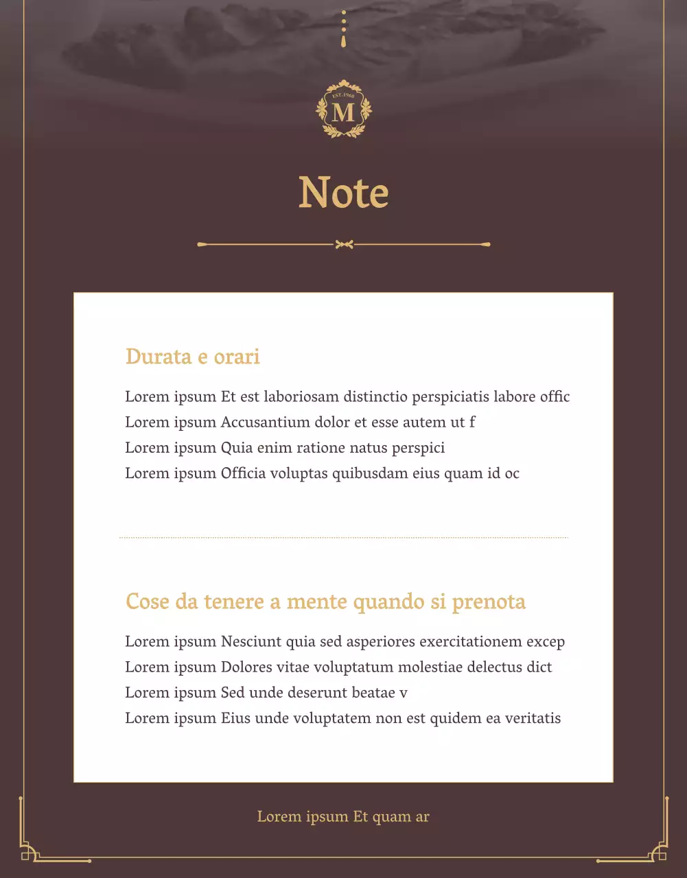 Promuovete un buono pasto per un lussuoso ristorante a buffet in marrone e oro