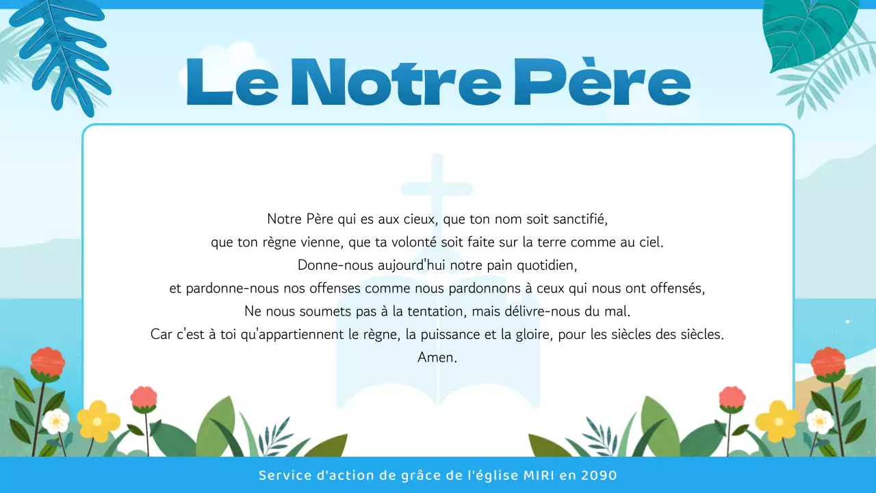 Guide de service religieux avec une touche tropicale en bleu et bleu clair