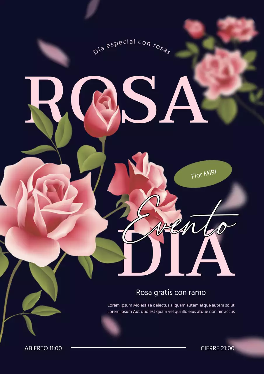 Elegante cartel promocional del Día de la Rosa en azul marino y rosa.