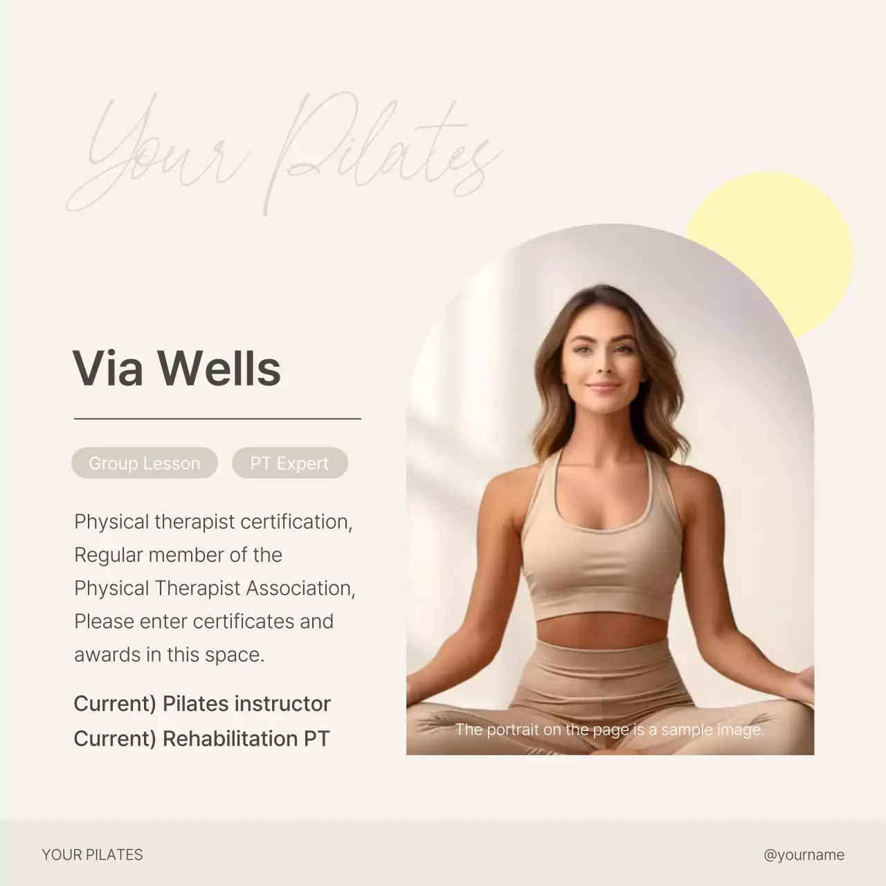 Promote your profile as a modern Pilates instructor in beige and yellow