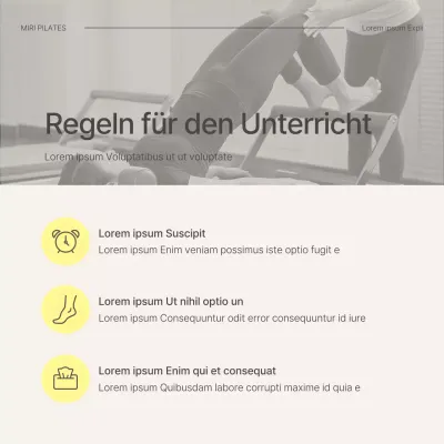 Moderner Pilates-Kurs in Beige und Gelb mit einem Warnhinweis