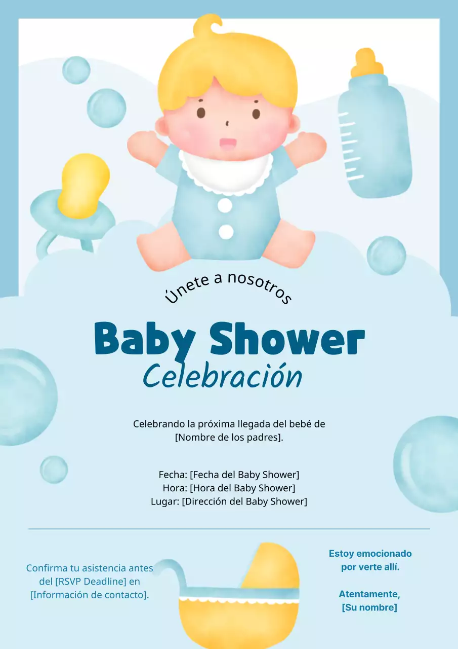 Invitación sencilla azul cielo y amarilla para baby shower