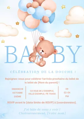 Invitation à la fête de bébé fantaisie bleu ciel