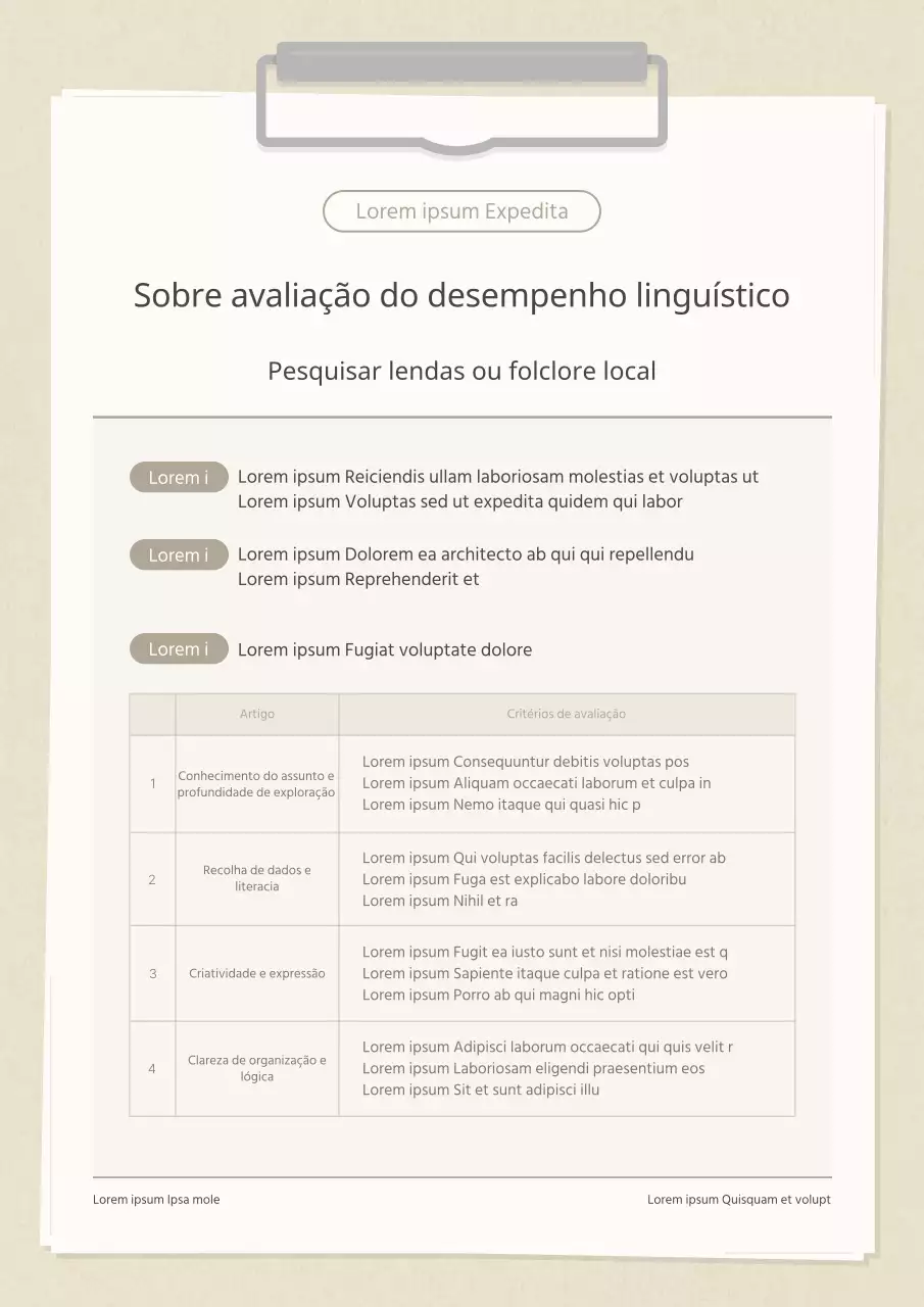 Um conceito simples de prancheta em bege e branco para o Guia de Avaliação do Desempenho Linguístico