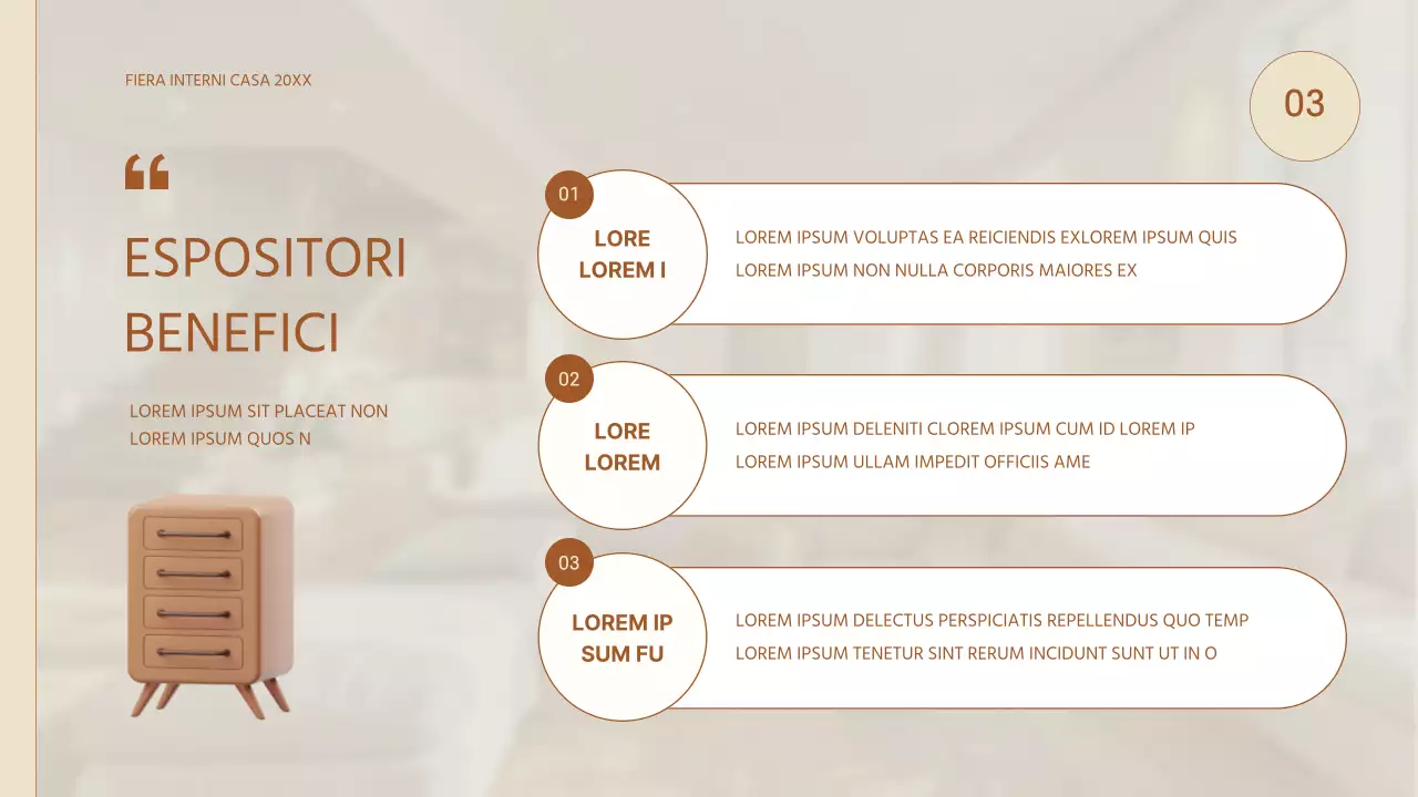 Semplice proposta fieristica di interni per la casa in beige e marrone