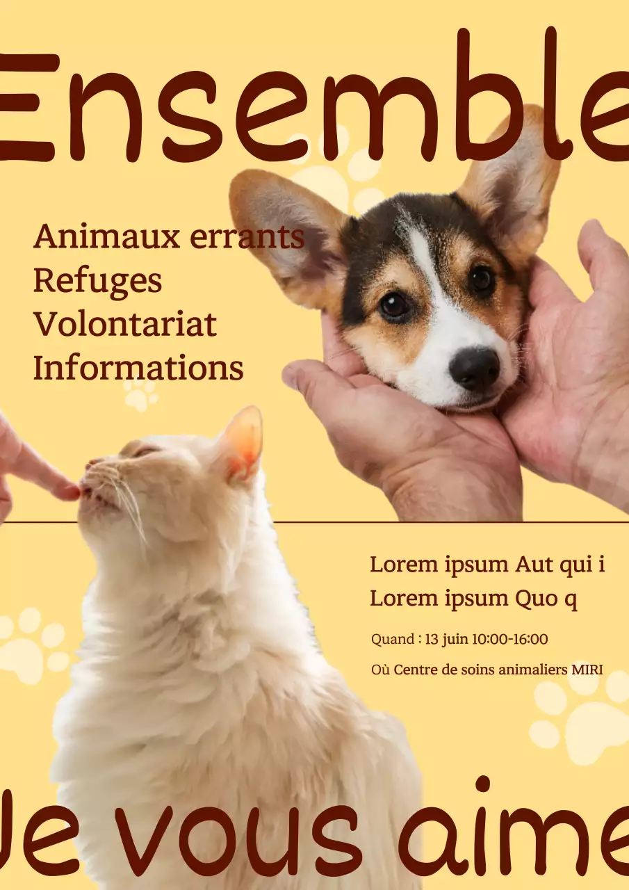 Mignonne affiche jaune recrutant des bénévoles pour les animaux errants