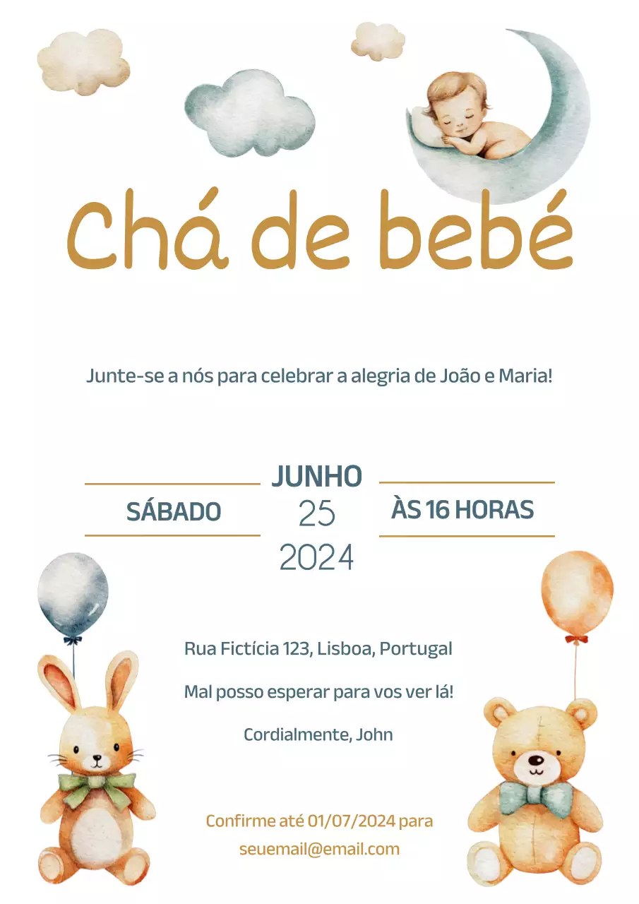 Convite de chá de bebé em aguarela simples azul