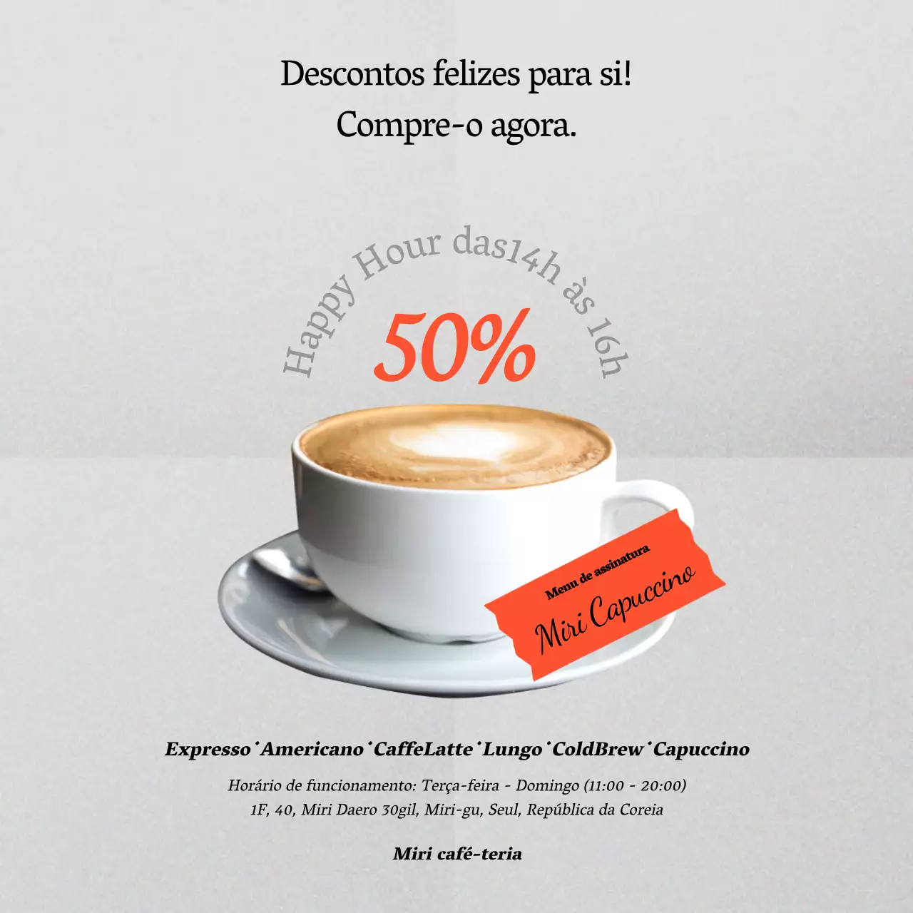 Um café moderno em cinzento e laranja com um posto de venda de bebidas