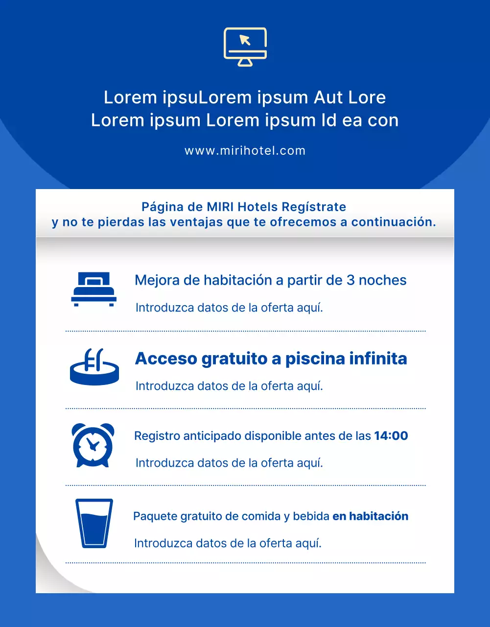 Promocione las vacaciones de verano de su hotel en modernos tonos azules y celestes.