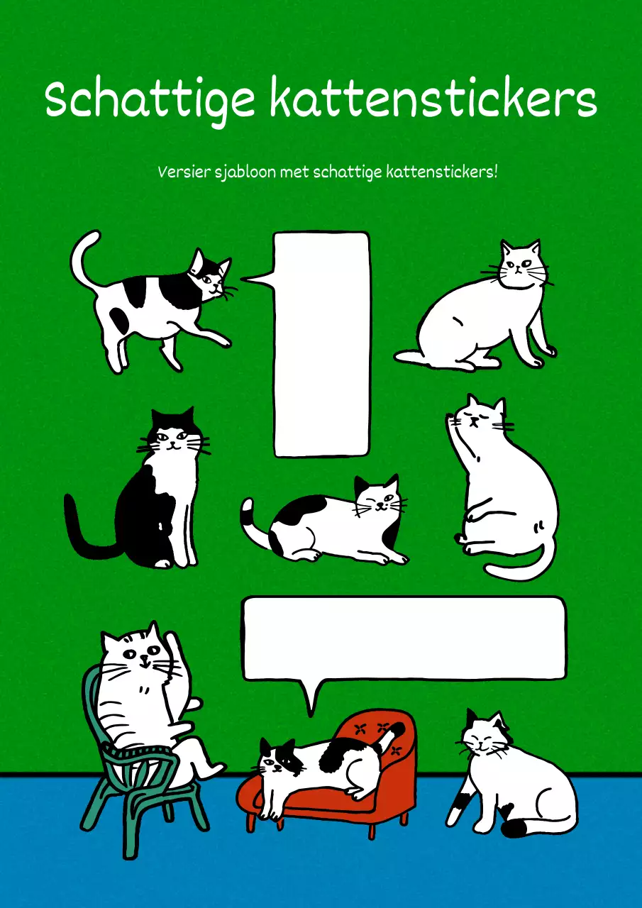 Plaats een cartoonillustratie van een schattige kat in groen en lichtblauw