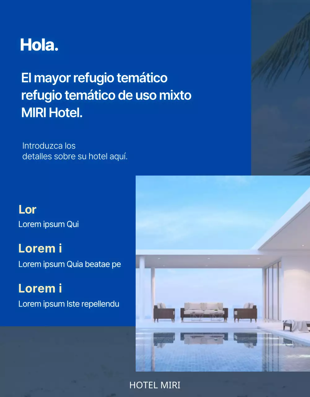 Promocione las vacaciones de verano de su hotel en modernos tonos azules y celestes.