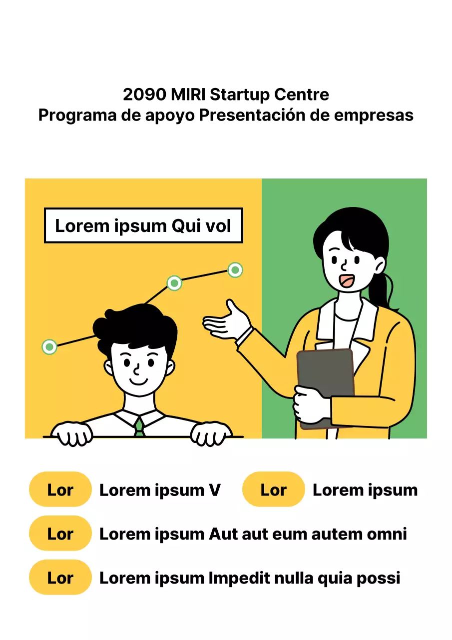 Folleto sencillo en blanco y amarillo sobre un seminario para jóvenes empresarios