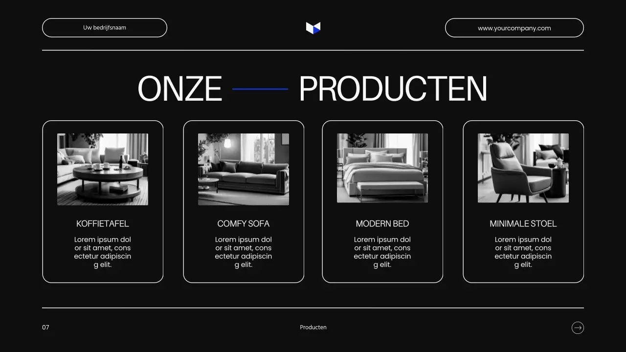 Minimalistische zakelijke productpitch in zwart-wit