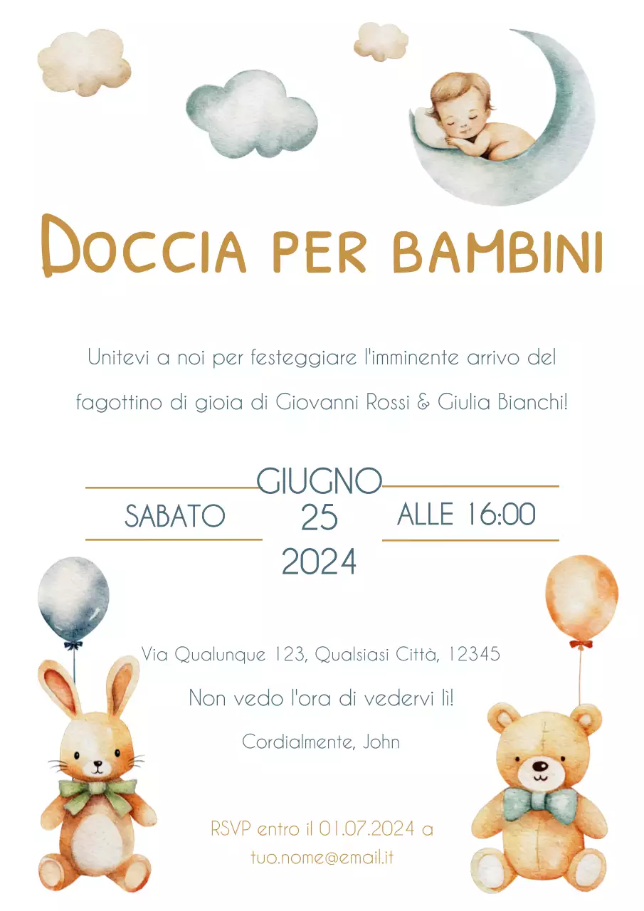 Invito per baby shower blu e acquerello semplice