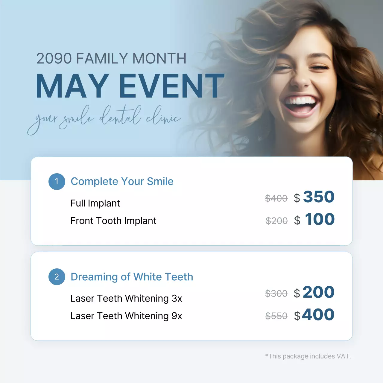 Promoting a hospital event pricing guide to promote a simple dental practice in white and light blue