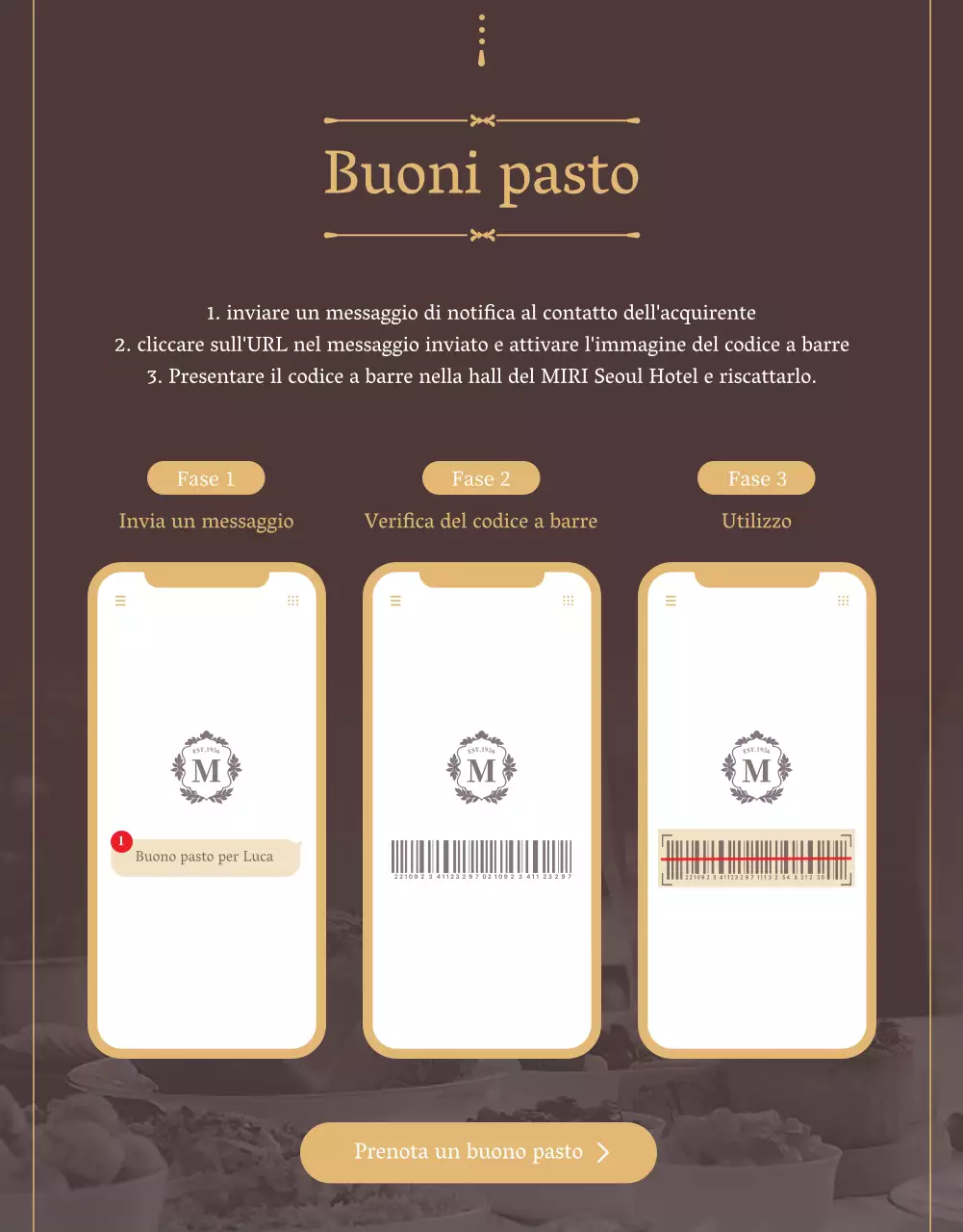 Promuovete un buono pasto per un lussuoso ristorante a buffet in marrone e oro