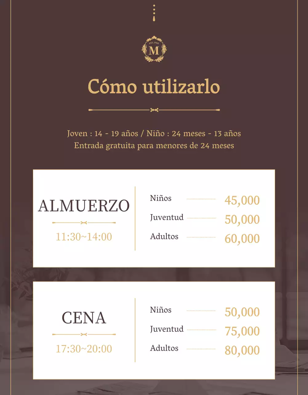 Promocione un vale de comida para un lujoso restaurante buffet en marrón y dorado