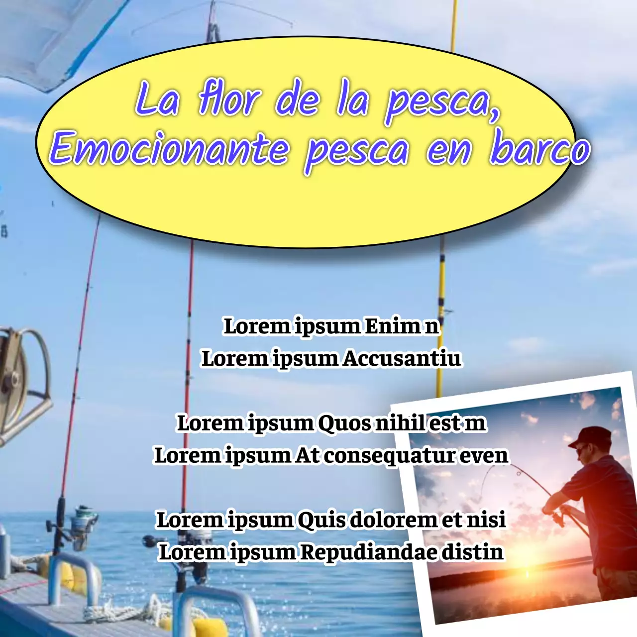Promoción de la experiencia de pesca en el mar azul y amarillo nauseabundo