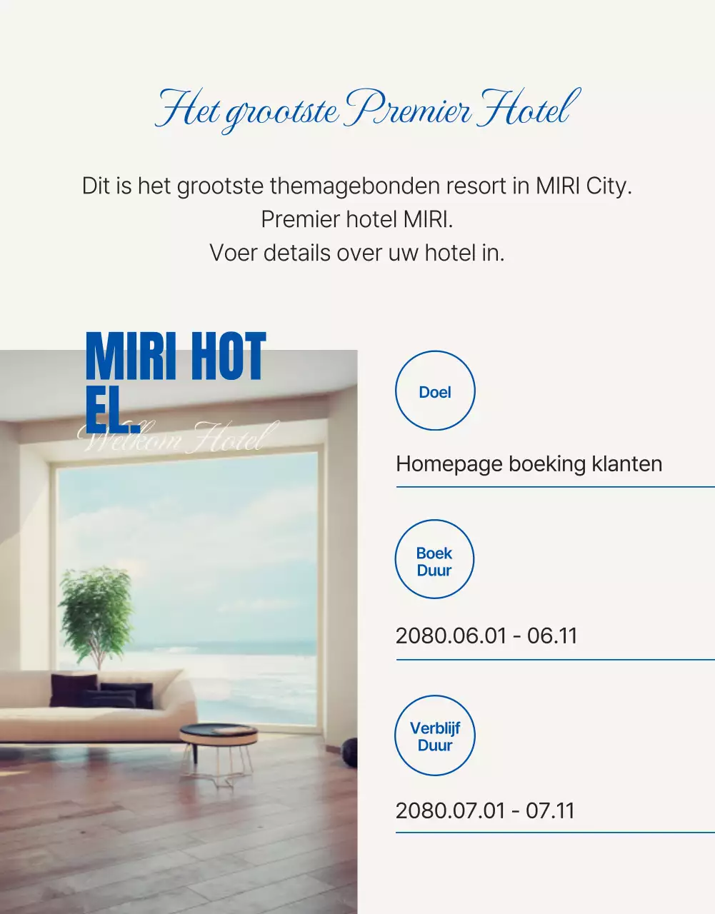 Promoot een eenvoudige hotelpromotie voor het zomerseizoen in blauw