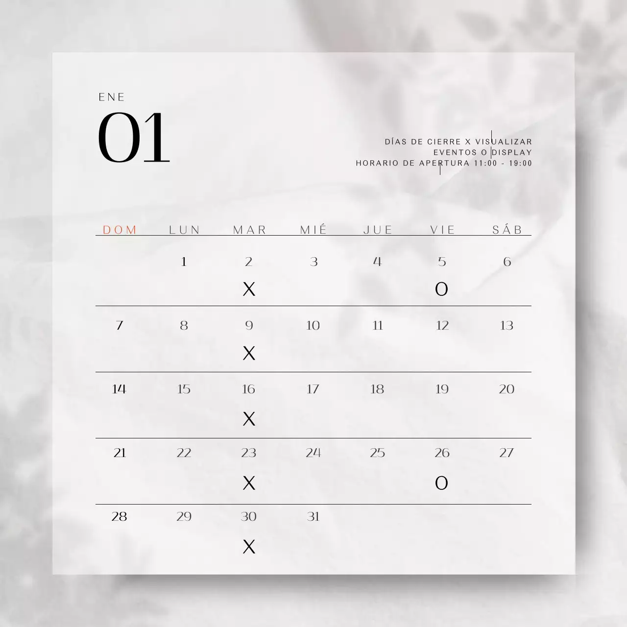 Un concepto sencillo y emotivo para un calendario de anuncios de citas relacionadas con las ventas con sombras de plantas blancas.