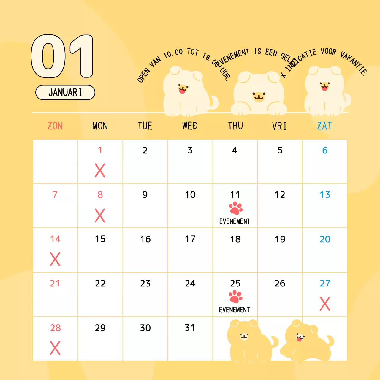 Een kalender voor verkoopgerelateerde afspraken met een schattig geel puppy-karakter