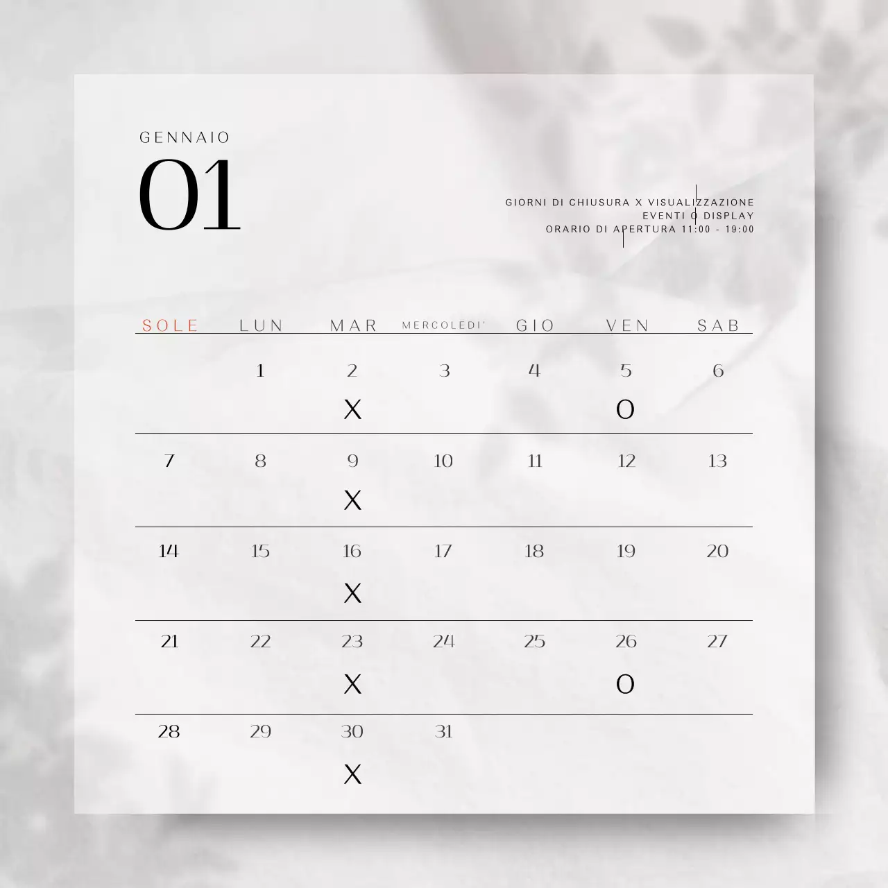 Un concetto semplice ed emozionale per un calendario di annunci di appuntamenti legati alle vendite con ombre di piante bianche.