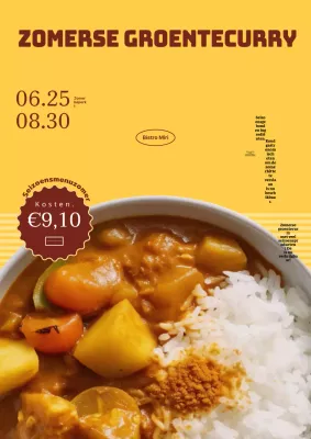 Promotie zomermenu met gele en bruine typografie en fotografie-accenten