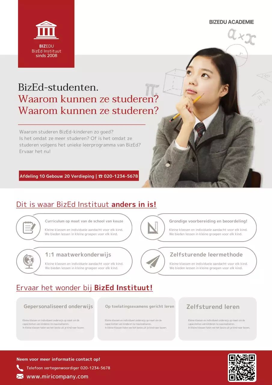 Beschrijf en promoot je school met een foto van een denkend meisje in rood en grijs.