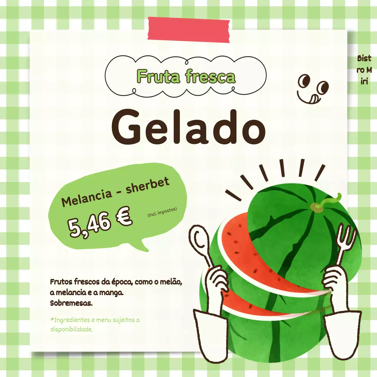 Amarelo-verde e vermelho, promovendo os belos pratos sazonais de verão.