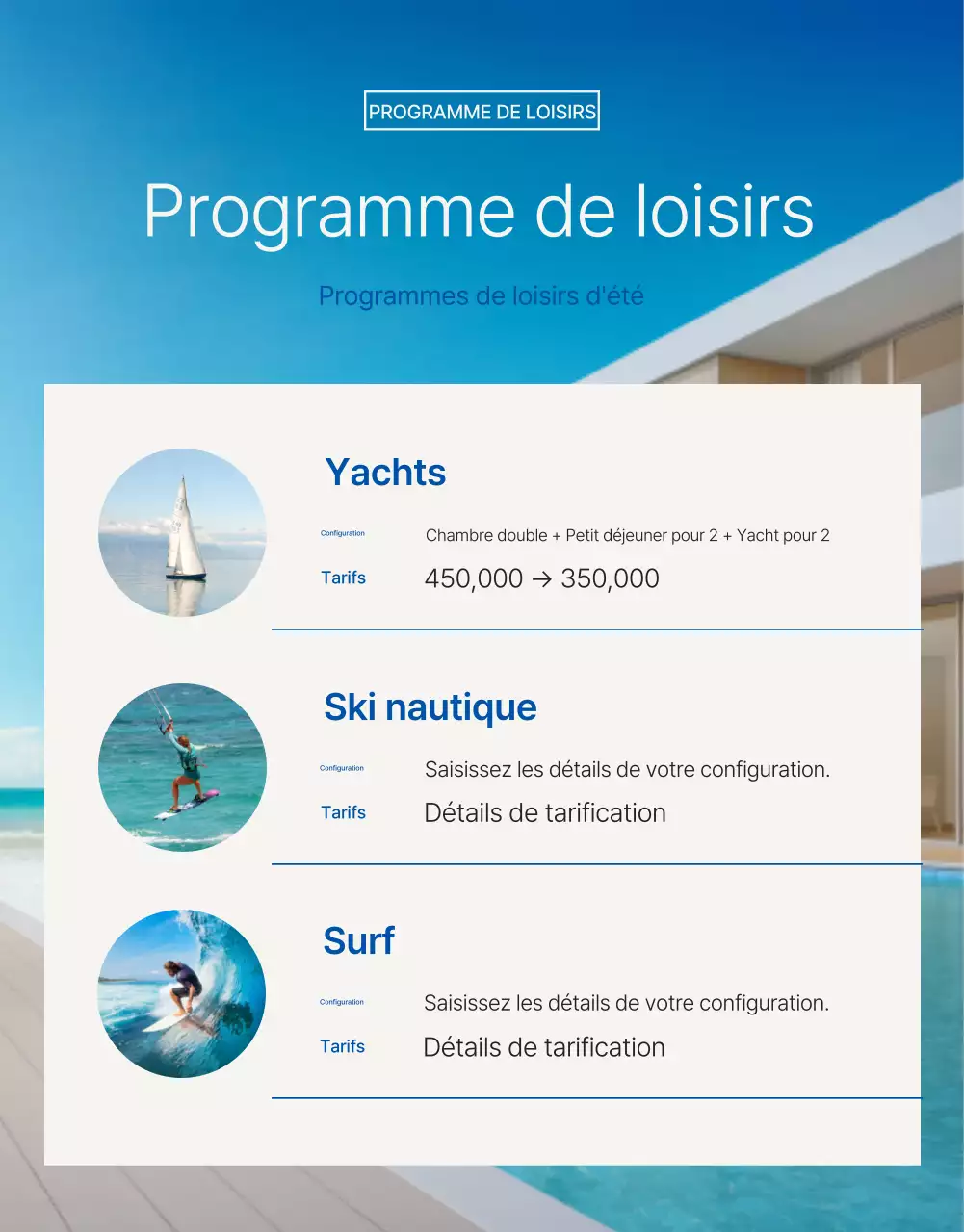 Faire la promotion d'un hôtel simple pour la saison d'été en bleu