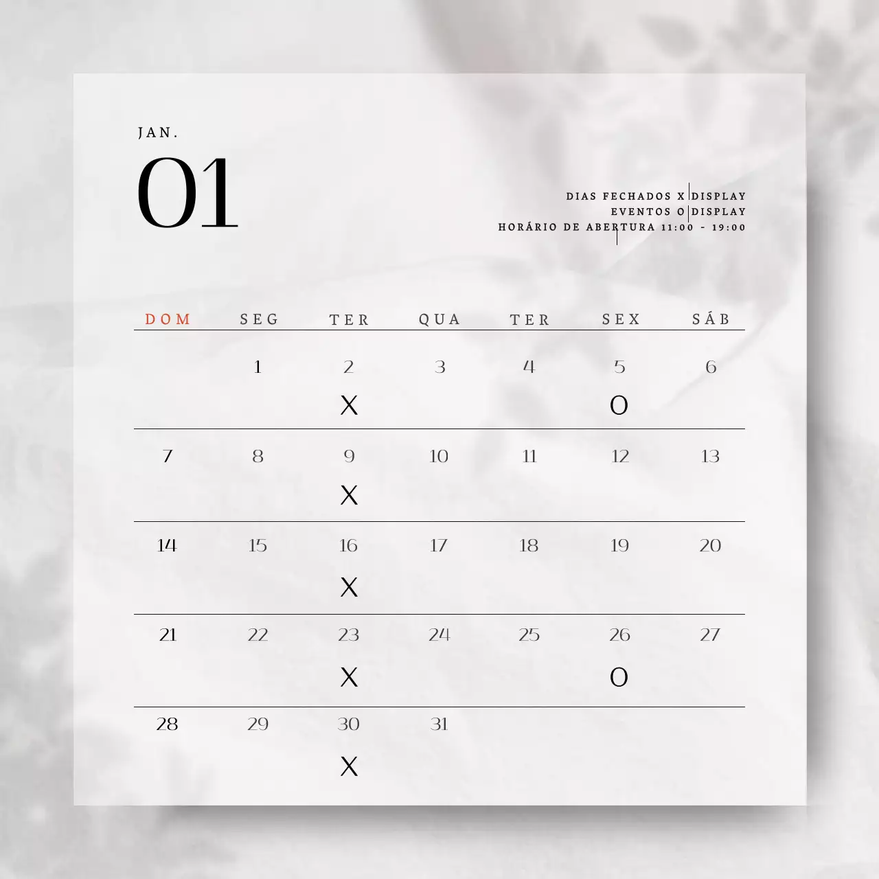 Um conceito simples e emocional para um calendário de anúncios de compromissos relacionados com vendas com sombras de plantas brancas.