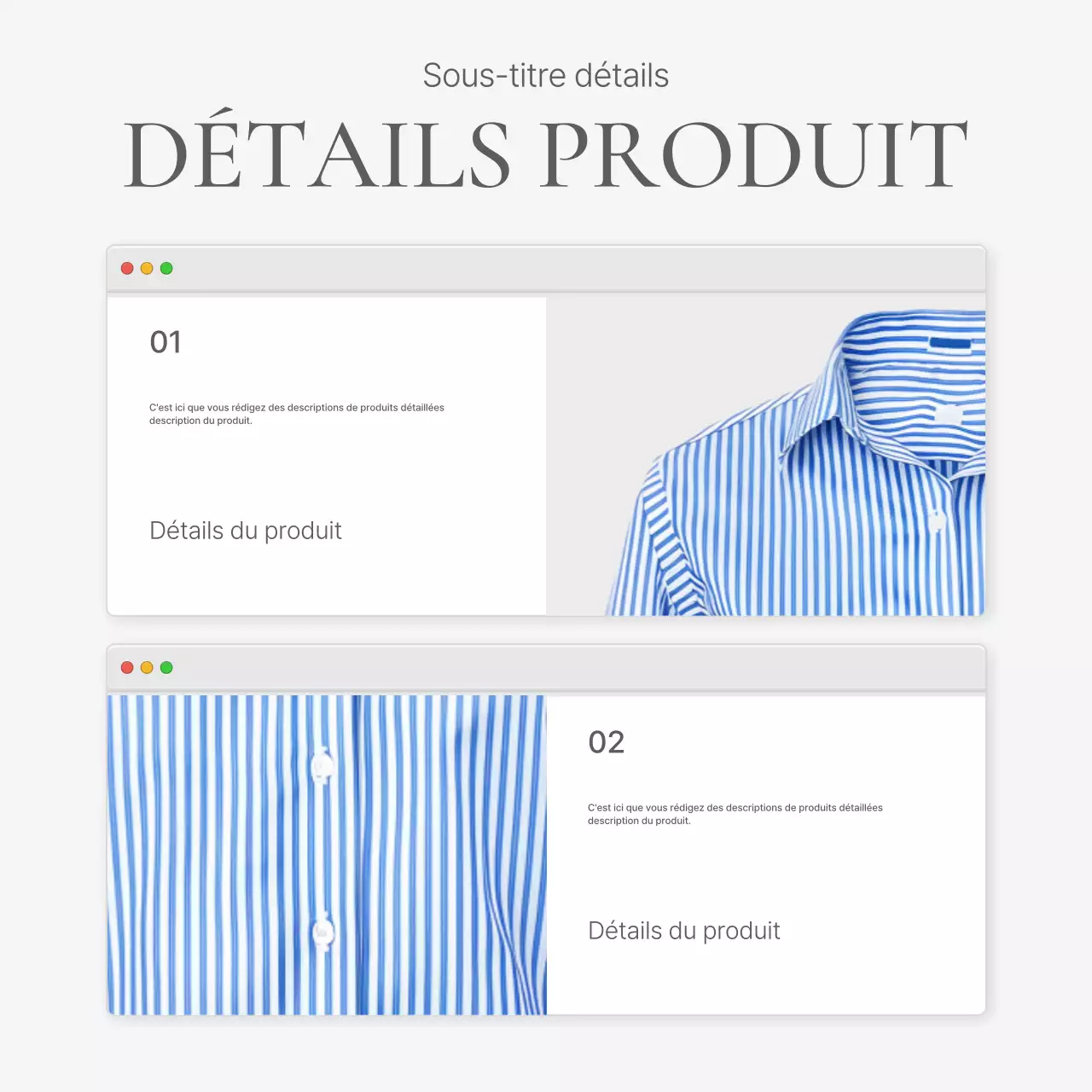 Descriptions détaillées de produits ou publicités pour un centre commercial de mode, décorées avec un style simple d'emojis blancs et gris.