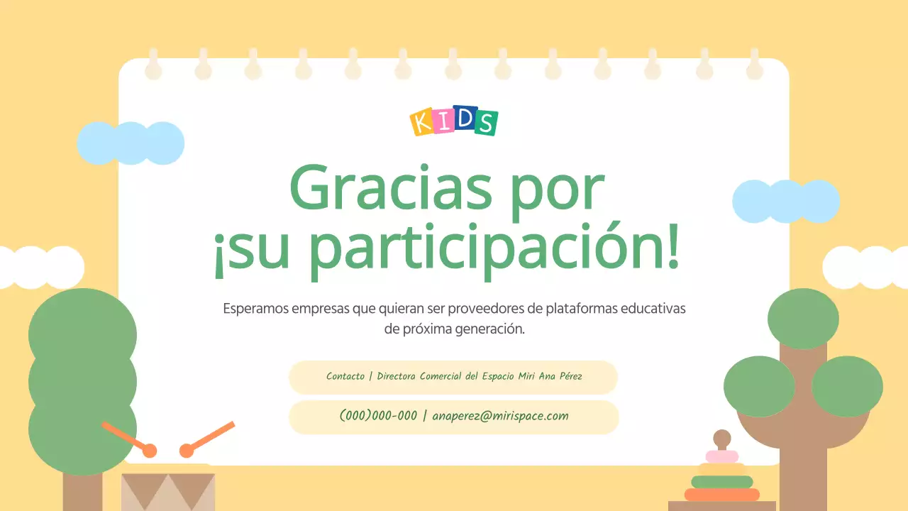 La convocatoria azul claro y amarillo para los expositores de la Feria Infantil