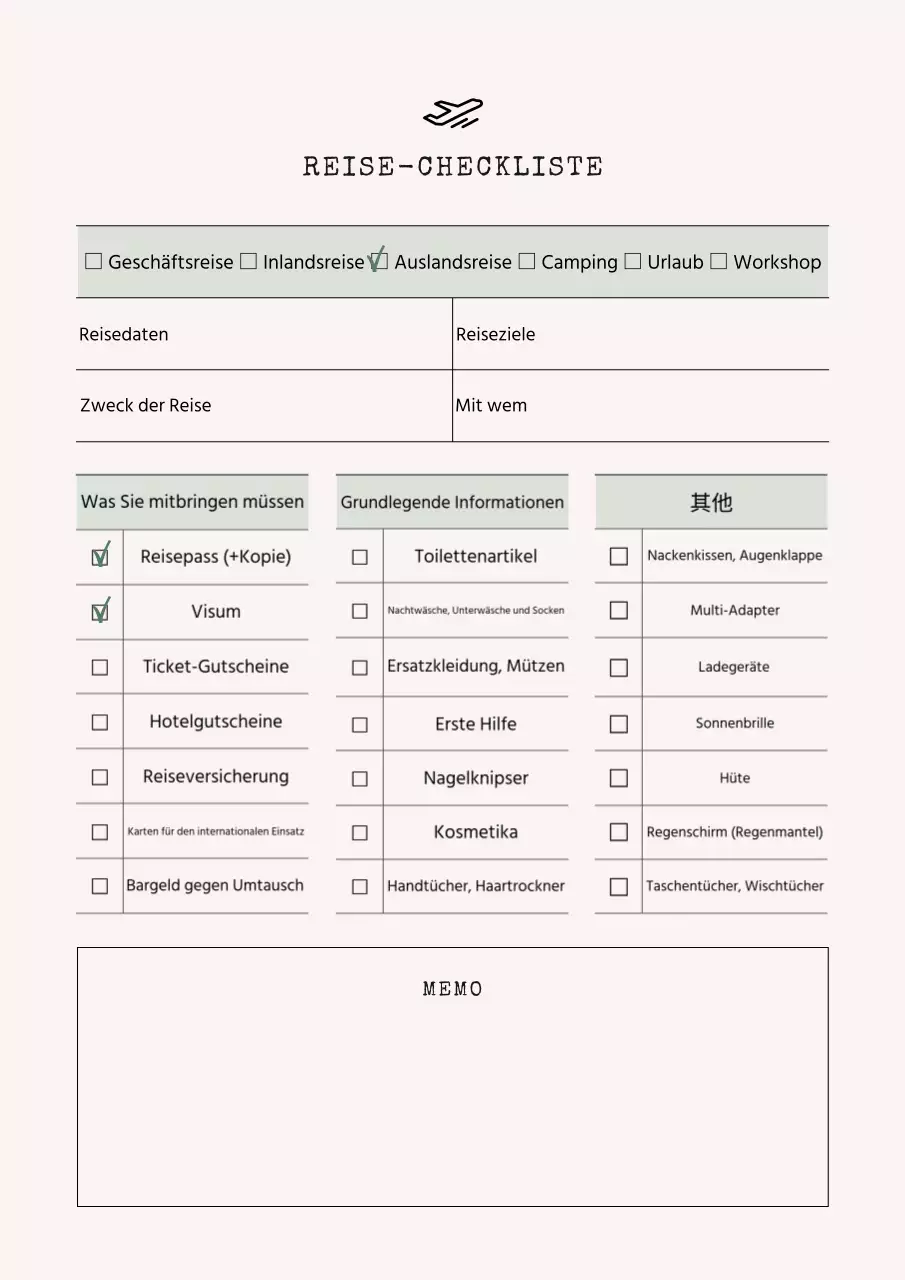 Einfacher Notizblock mit Checkliste für die Reise in Elfenbein und Minze