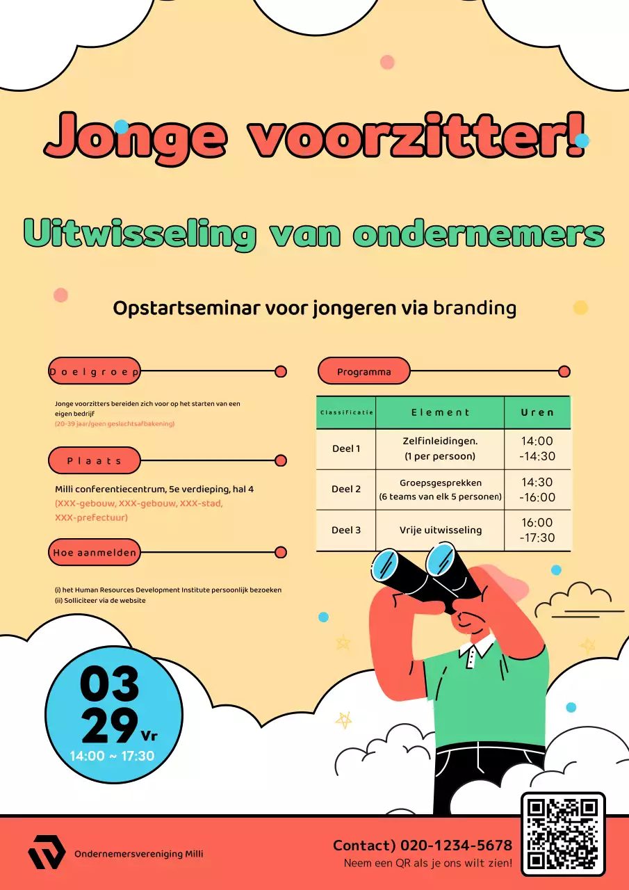 Promoot evenementen voor zakelijke uitwisseling met een schattig concept met gele mensen en wolken