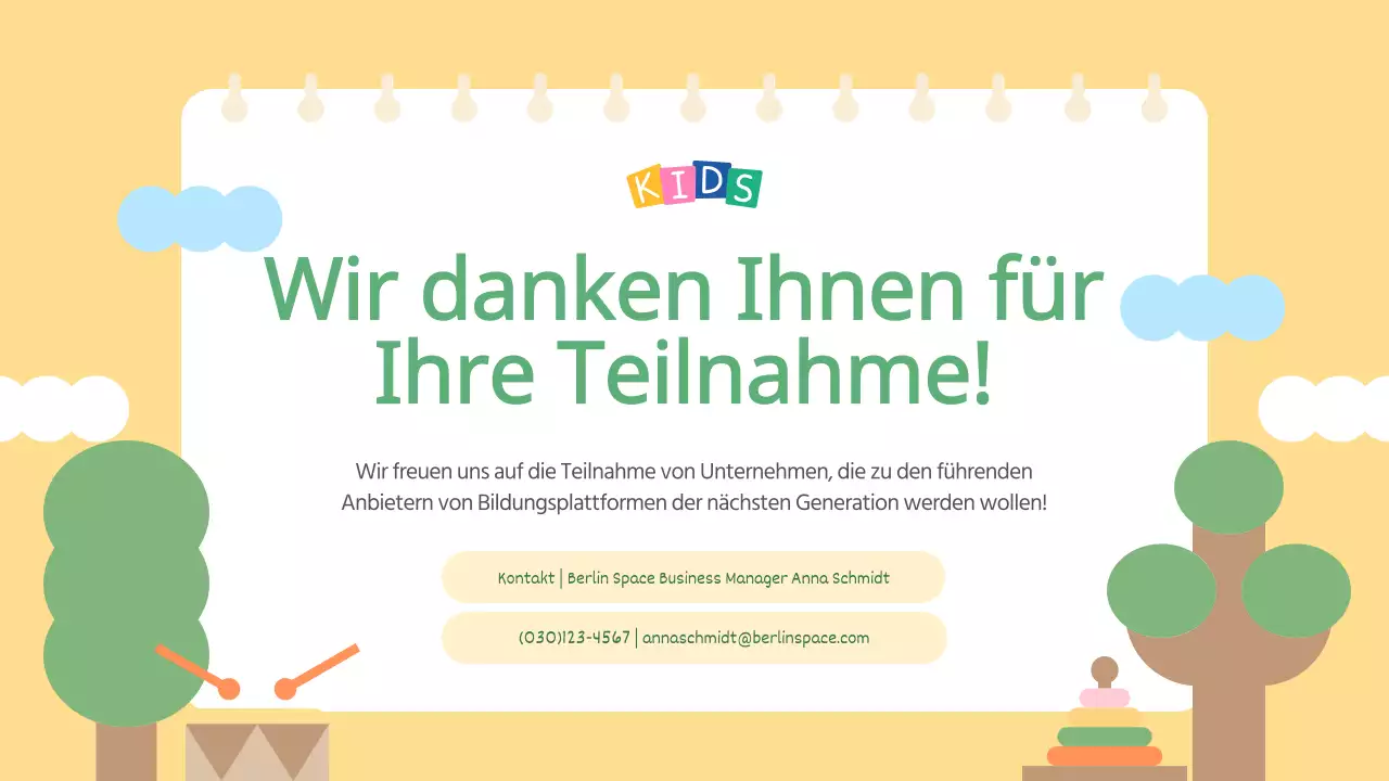 Der hellblaue und gelbe Aufruf für Aussteller auf der Kids Fair