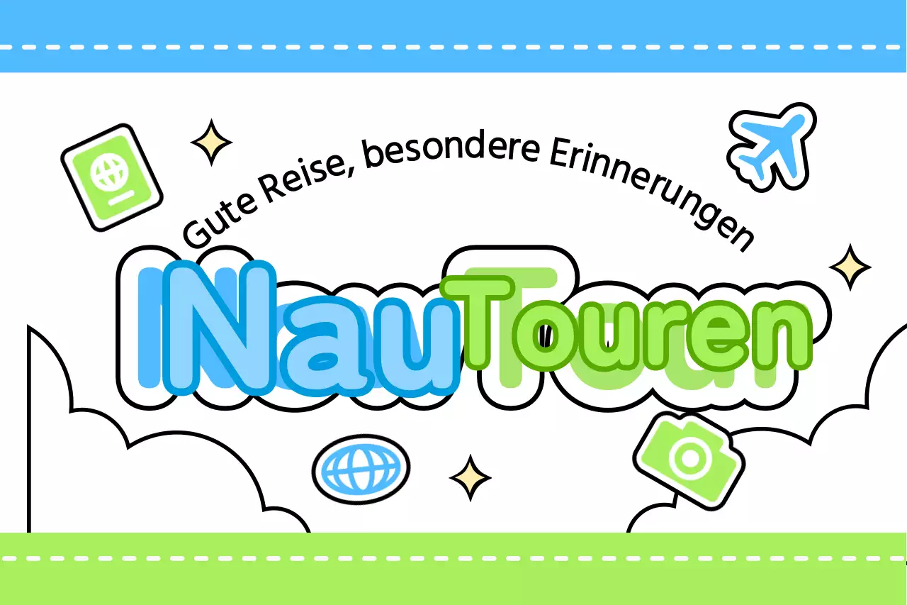 Gestalte einen niedlichen Reiseführer mit Wolken und verschiedenen Symbolen