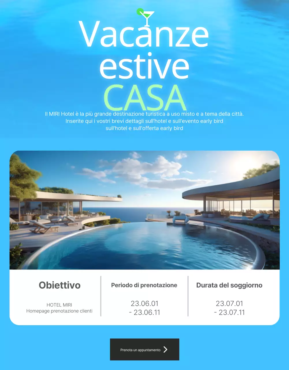 Semplice promozione estiva dell'hotel in bianco e azzurro