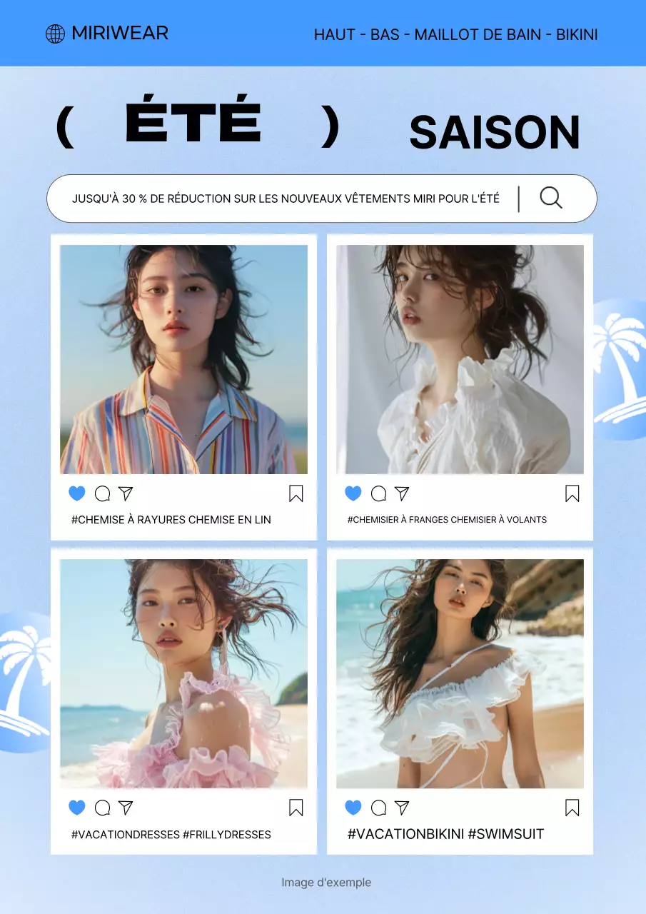 Promouvoir les réductions sur les nouveaux vêtements d'été dans les couleurs bleu clair et bleu très tendance.