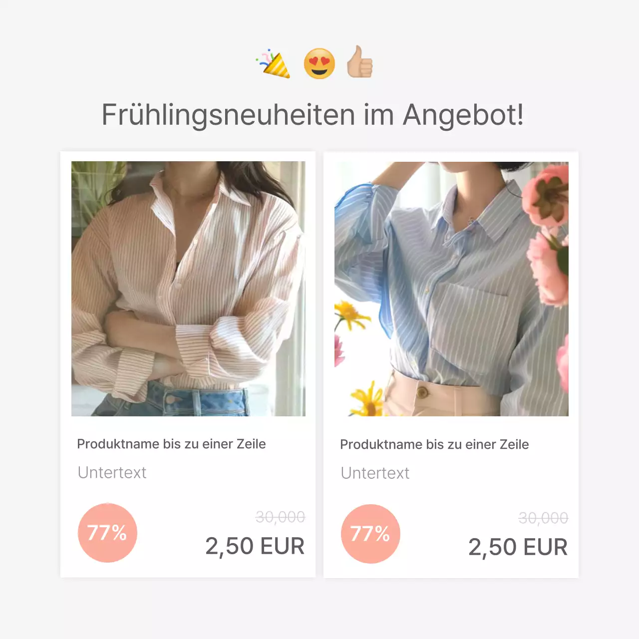 Produktbeschreibungen oder Werbung für ein Mode-Einkaufszentrum, dekoriert mit einem einfachen Stil von weißen und grauen Emojis.