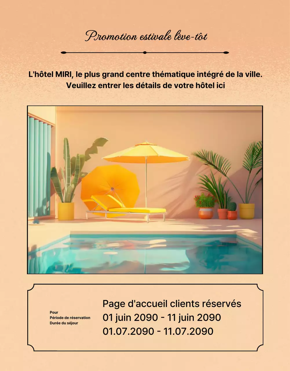 Publicité orange et bleue pour des offres d'hôtels pour l'été