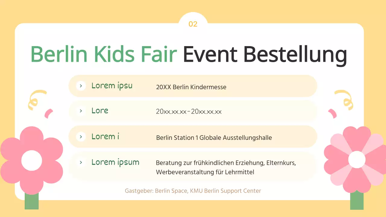 Der hellblaue und gelbe Aufruf für Aussteller auf der Kids Fair