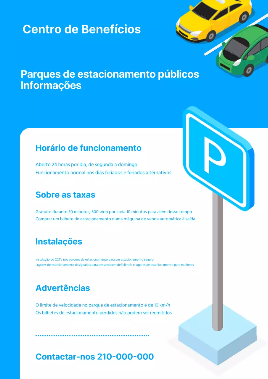 Anúncio azul e simples de funcionamento do parque de estacionamento
